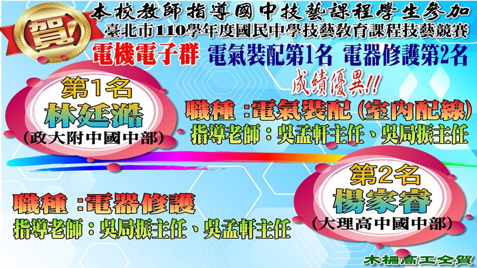 110學年度國中技藝競賽電機電子群成績海報-電氣裝配及電器修護