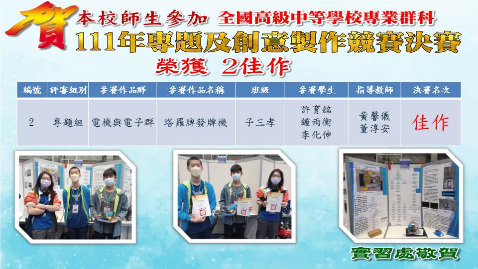 全國高級中等學校專業群科111年專題及創意製作競賽決賽」電機電子群獲獎海報